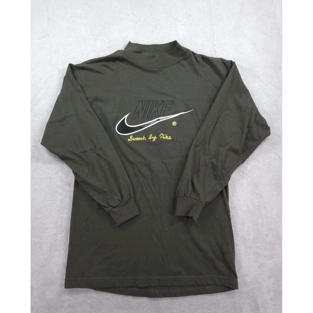 Vintage Nike T Shirt Mens Large 90s Swoosh Mock Neck Long Sleeve Embroidered